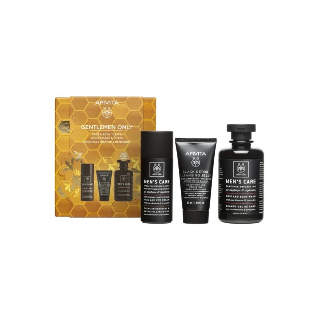 Apivita Set Gentlemen Only Κρέμα Προσώπου και Ματιών Κατά Των Ρυτίδων 50ml, Black Detox Gel Καθαρισμού για Πρόσωπο-Μάτια 50ml & Σαμπουάν-Αφρόλουτρο 250ml