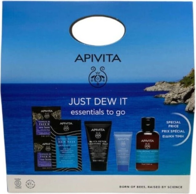 Apivita Just Dew It Essentials To Go Set:Aqua Beelicious Κρεμα Gel Ενυδάτωσης Eλαφριάς Yφής 15ml & Μαύρο Gel Καθαρισμού Προσώπου και Ματιών 50ml & Σαμπουάν Ενυδάτωσης 75ml  & Μάσκα Προσώπου για Ενυδάτωση & Aντι-pollution με Θαλάσσια Λεβάντα 2x8ml & Μάσκα